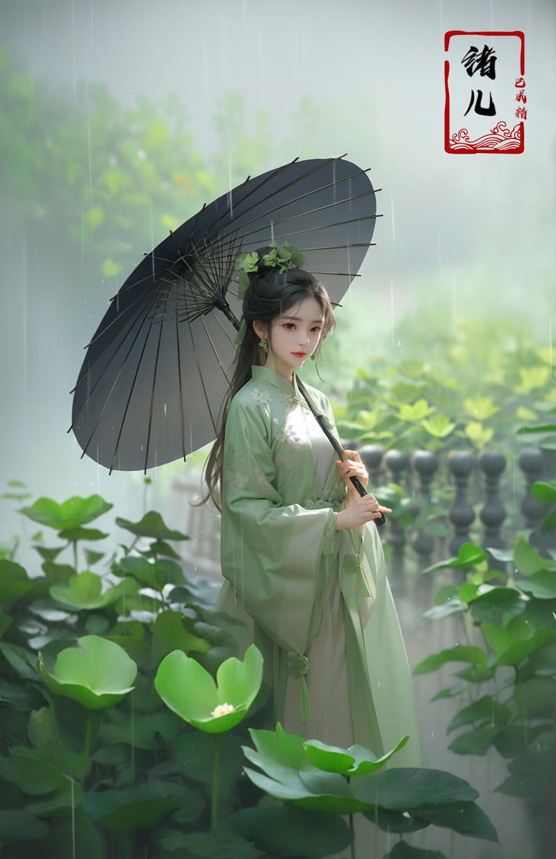 606247209521968620-3559402815-A woman holds a oil-paper umbrella on her shoulder to shelter from the rain as part of a fashion event in the style of Yue Xiaof.jpg